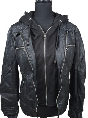 Black Faux Leather Hooded Moto Jacket - Women's